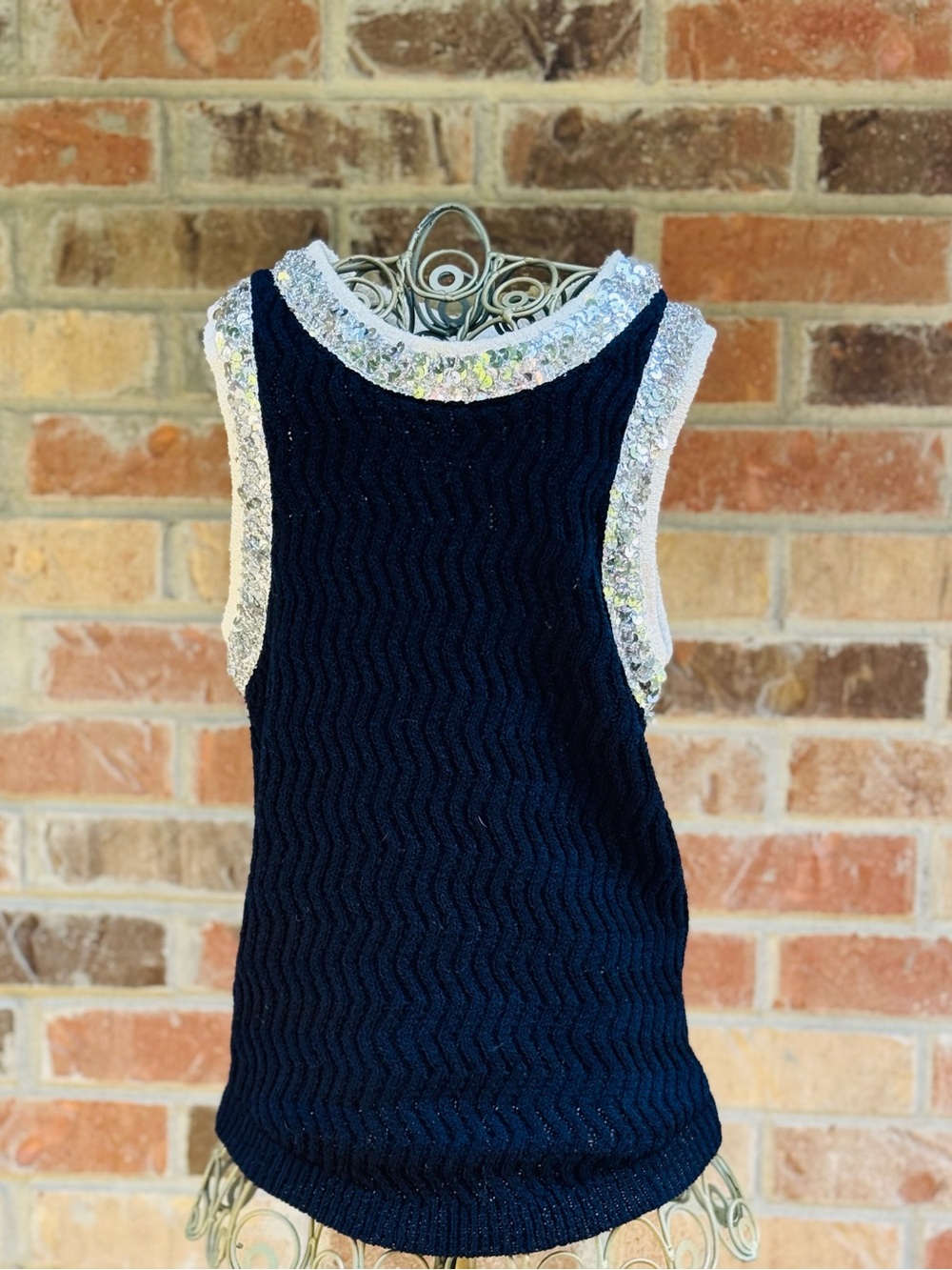 Lizette Collection Sequined Trim Navy Sleeveless Knit Top